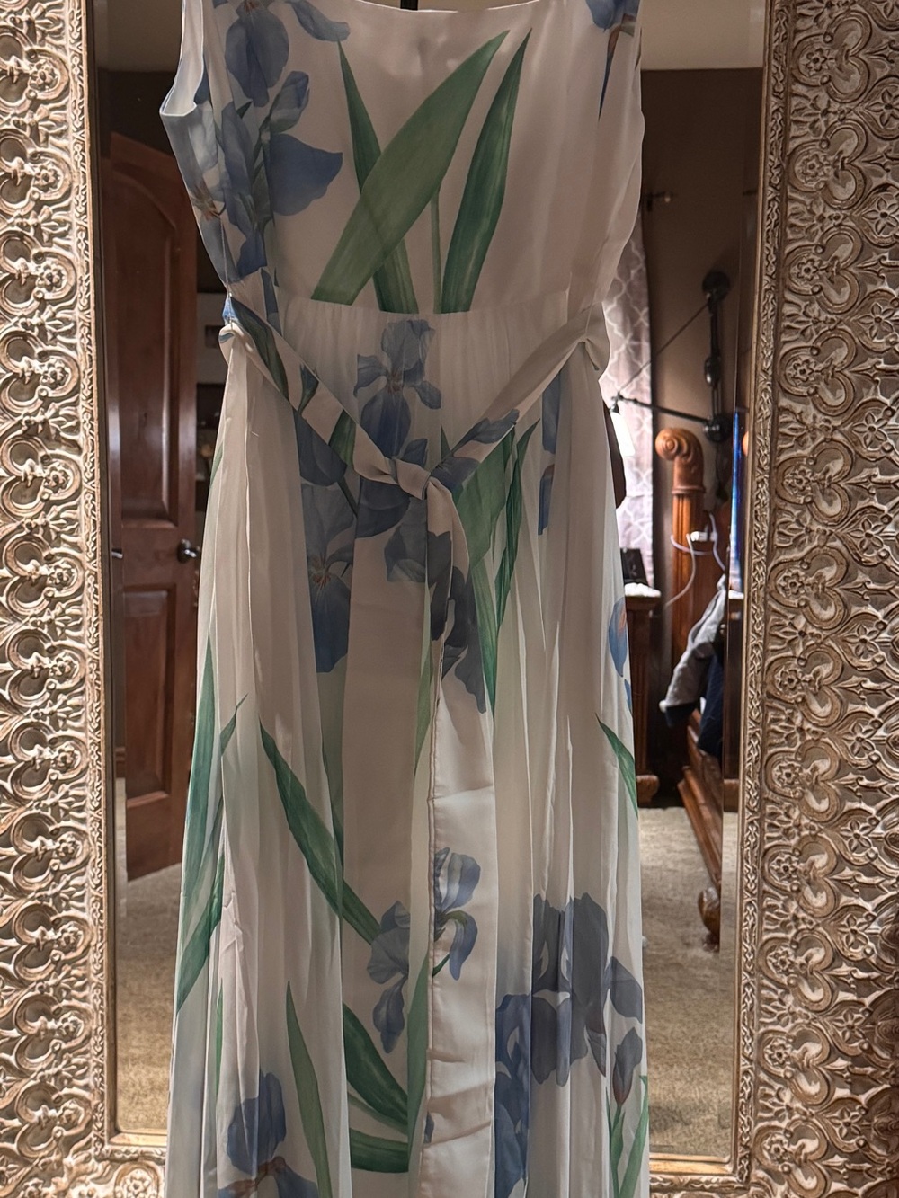 Ivory Maxi Dress with Blue Floral Print and Square Neck - Picture 4 of 9
